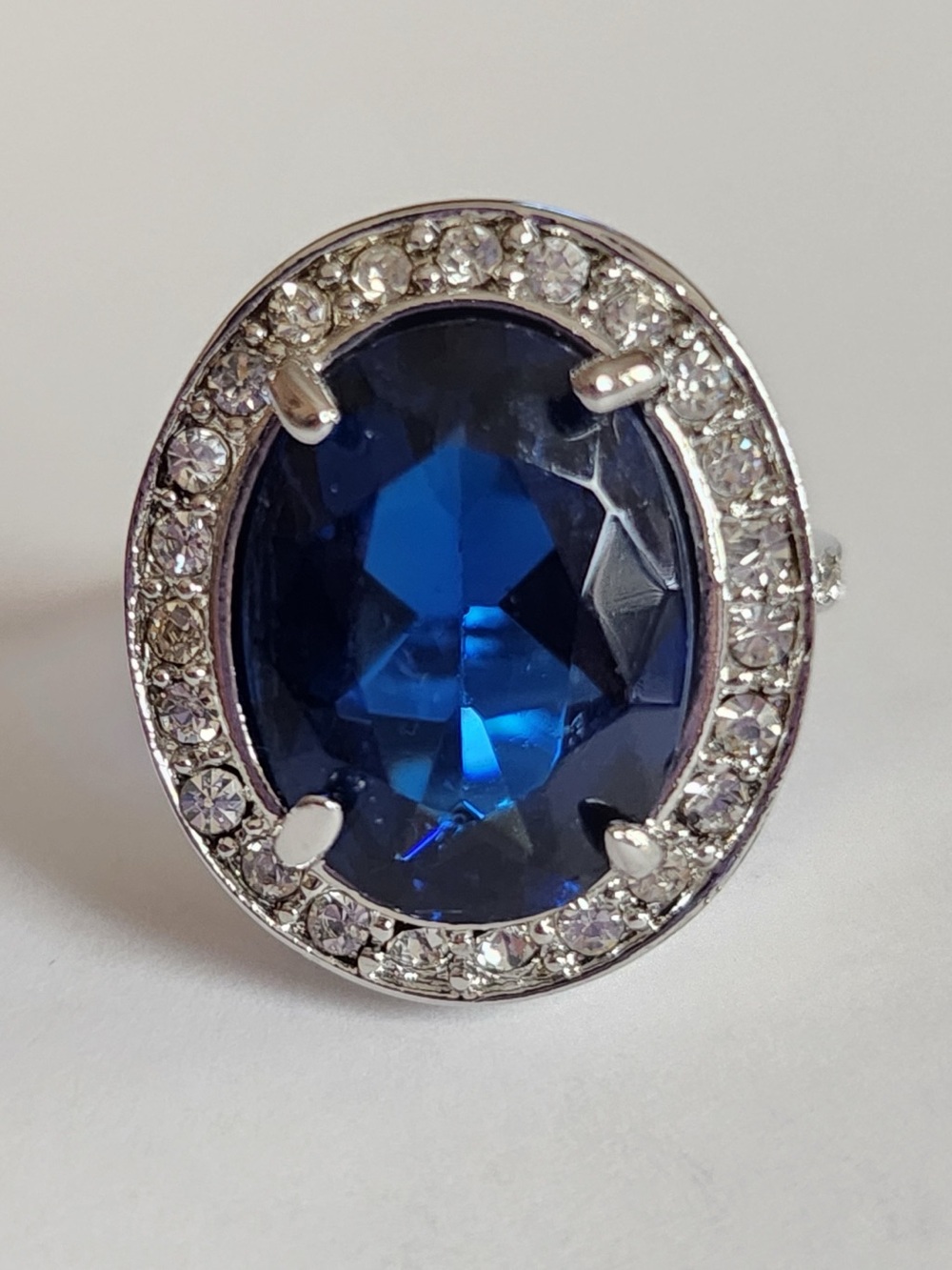 Blue Oval Sapphire Colored Halo Ring - Women Jewelry - Size 10